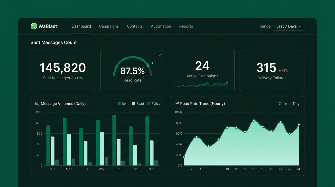Dashboard do WaBlast com métricas de campanhas