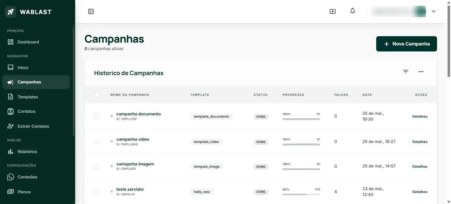 Print real da tela de campanhas do WaBlast com histórico e progresso