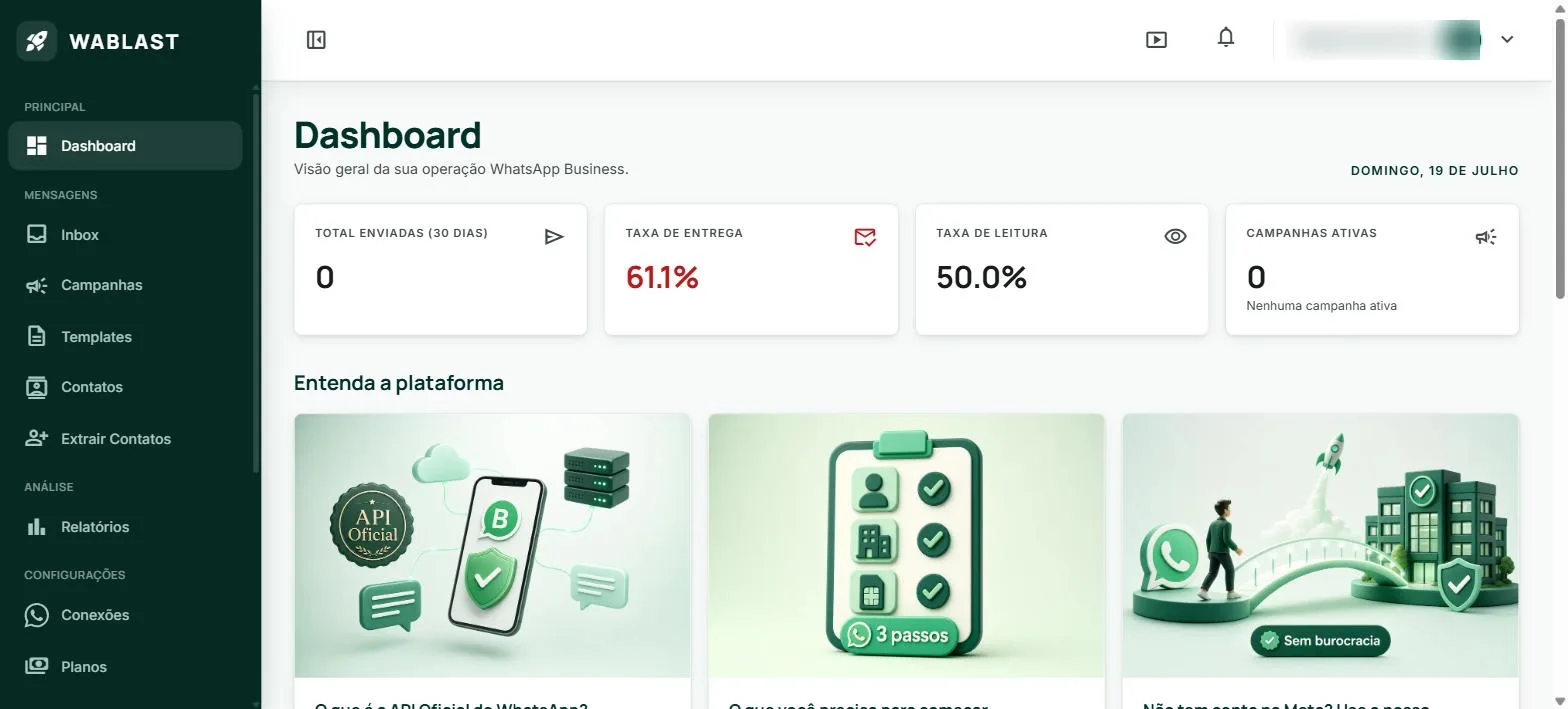 Print real do dashboard do WaBlast com métricas de entrega e leitura