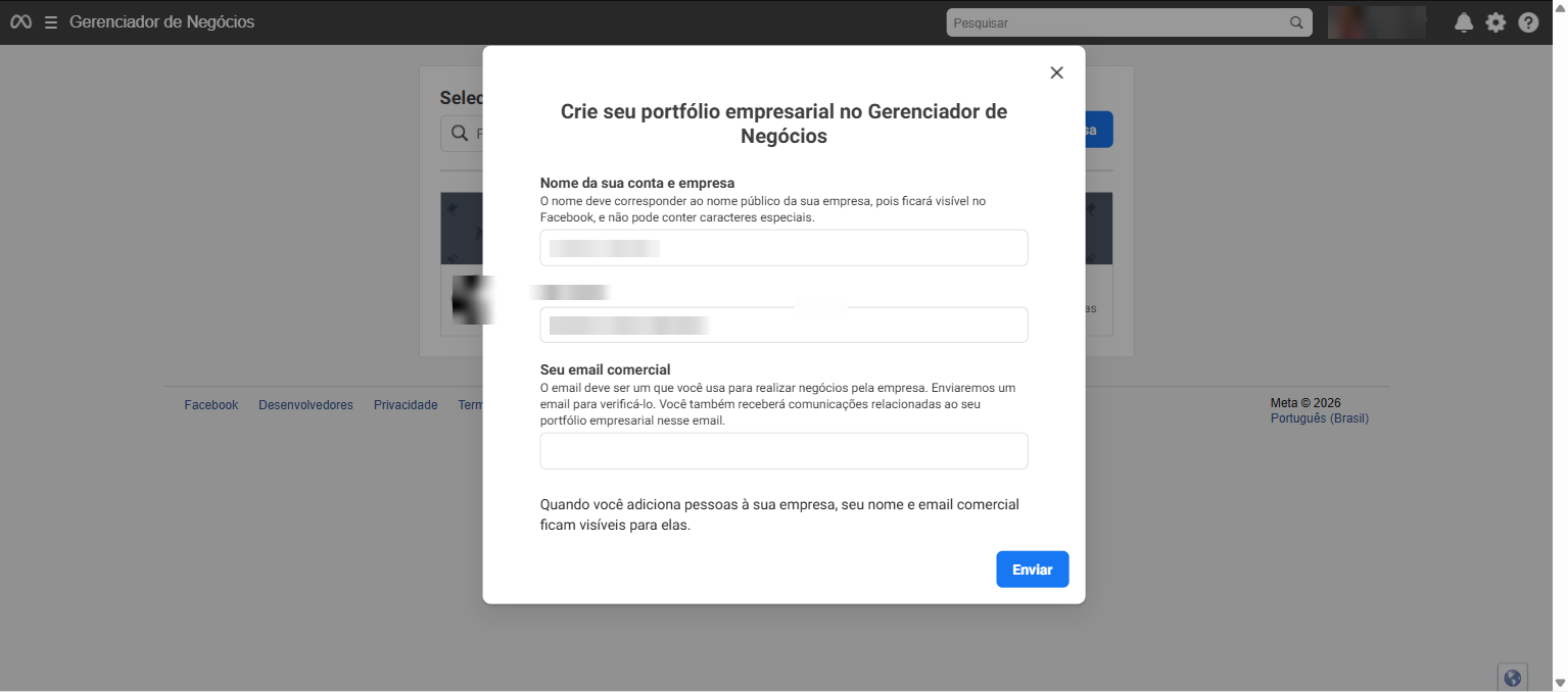 Tela de criação de portfólio empresarial Meta antes da confirmação final