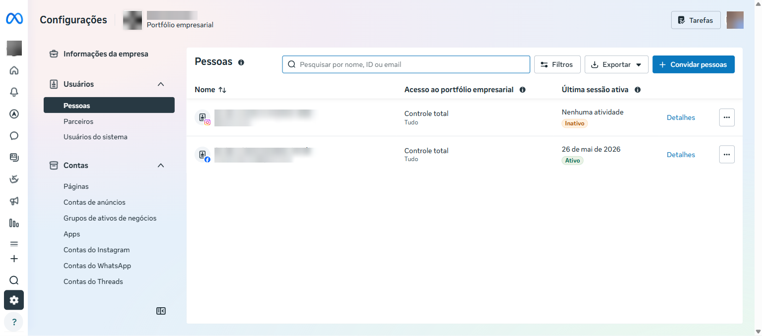 Tela de permissões Meta com e-mails removidos