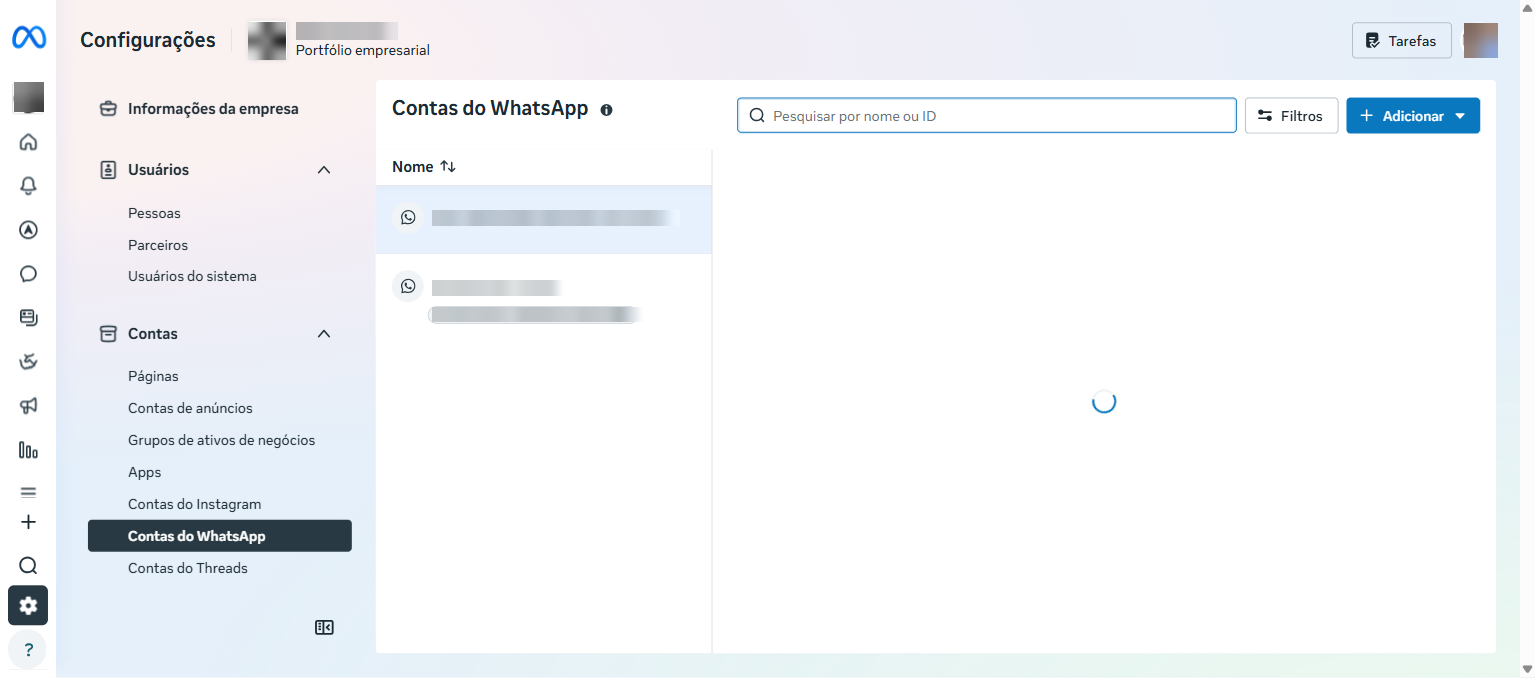Tela de contas WhatsApp Business com número ocultado